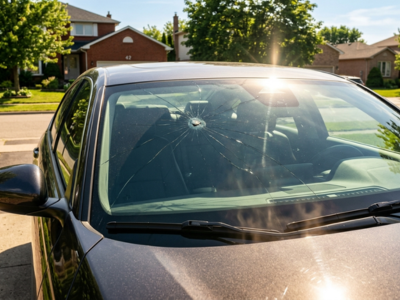 Cracked windshield damaged by summer heat