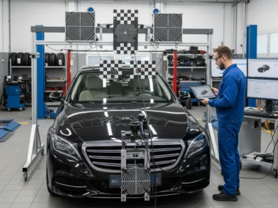 Technician working on a vehicle's ADAS sensor for calibration