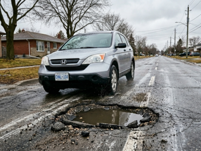 Cracked windshield from pothole damage on Brampton road