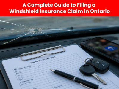 Cracked windshield with insurance claim form on dashboard
