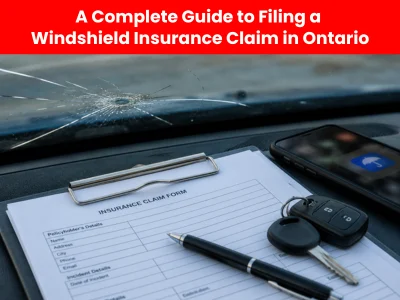 Cracked windshield with insurance claim form on dashboard
