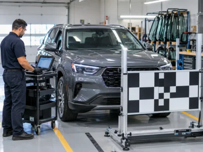 Technician performing ADAS recalibration on an SUV after windshield replacement