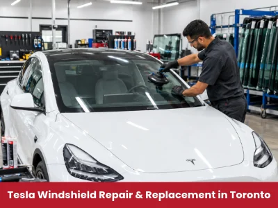 Tesla windshield repair in Toronto shop