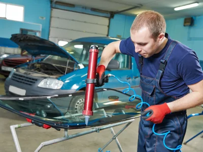 Professional Windshield Repair Technician Working on a Car