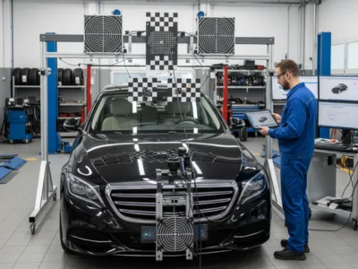 Technician working on a vehicle's ADAS sensor for calibration