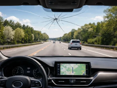 Cracked windshield during a long drive in Milton